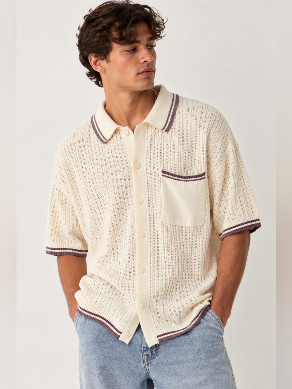 Standard Cloth Ecru Button-Up Knit Polo Shirt 100% Cotton Size Large